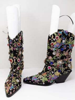 NEW Azalea Wang Diligent Floral Brocade Stud Jewel Ornamented Western Boots 8